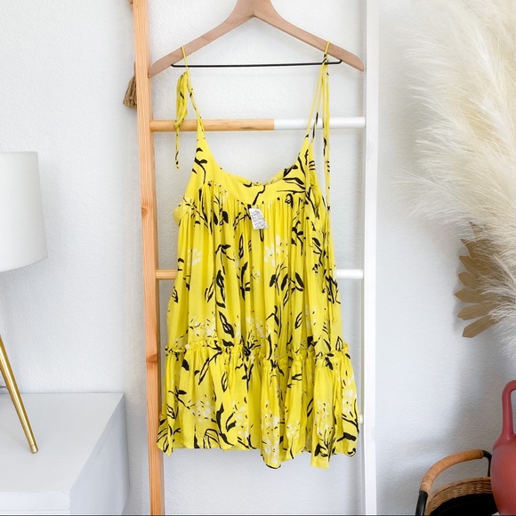Free people Yellow Froal Mini Swing Dress Top Tied Straps Ruffle Blouse